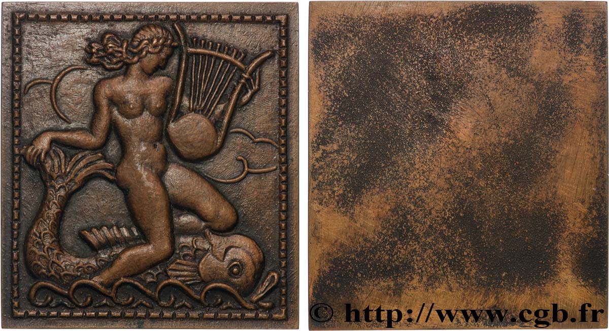 ART, PAINTING AND SCULPTURE Plaquette, Femme à la lyre à dos de dauphin SPL