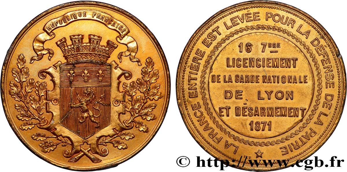 TROISIÈME RÉPUBLIQUE Médaille, Licenciement de la garde nationale de Lyon TTB/TTB+