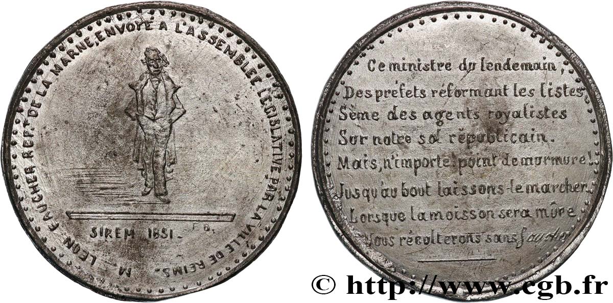 DEUXIÈME RÉPUBLIQUE Médaille, Léon Faucher, représentant de la Marne fVZ