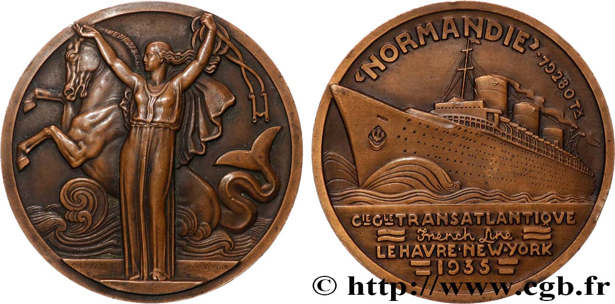 TROISIÈME RÉPUBLIQUE Médaille, French Line, le “Normandie” TTB