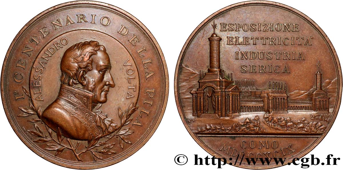 ITALIE - ROYAUME D ITALIE - HUMBERT Ier Médaille, Centenaire de la découverte de la batterie, Exposition de l’électricité, de l’industrie et de la soie TTB+