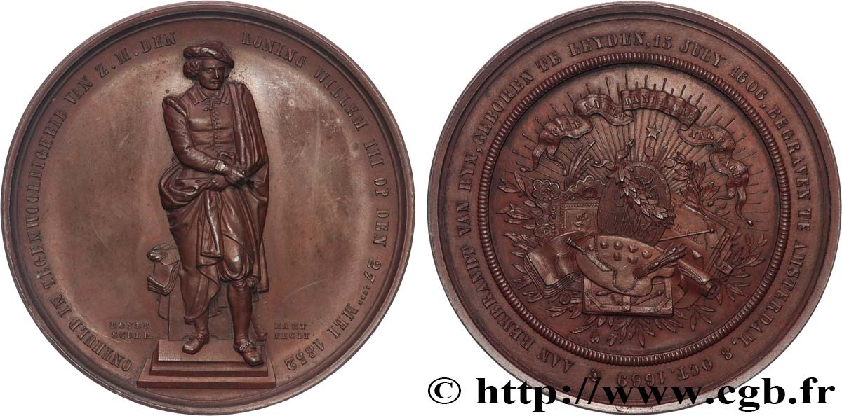 NETHERLANDS - KINGDOM OF THE NETHERLANDS - WILLIAM III Médaille de la statue de Rembrandt AU/AU