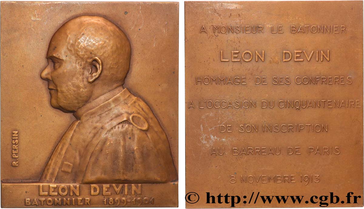 DRITTE FRANZOSISCHE REPUBLIK Plaquette, Léon Devin, Hommage de ses confrères pour son inscription au barreau SS