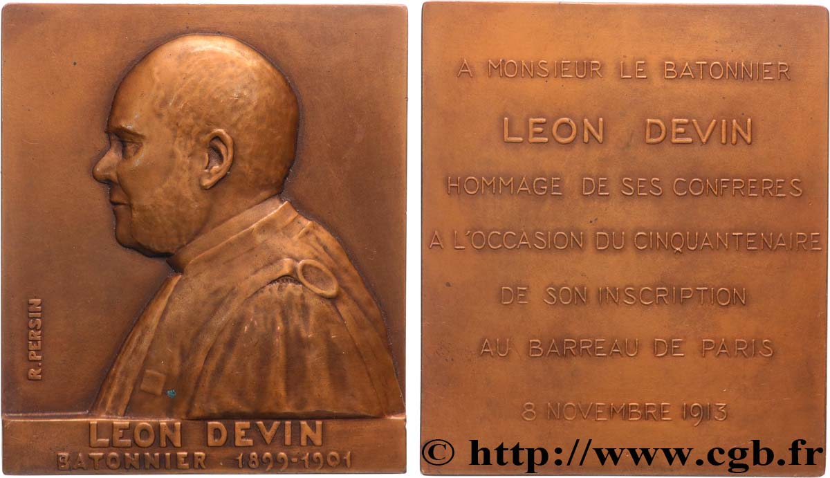 TERZA REPUBBLICA FRANCESE Plaquette, Léon Devin, Hommage de ses confrères pour son inscription au barreau BB