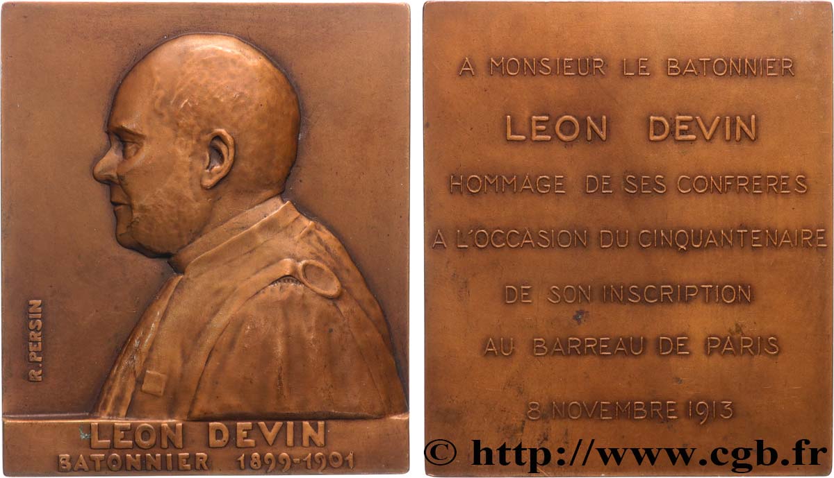 TERZA REPUBBLICA FRANCESE Plaquette, Léon Devin, Hommage de ses confrères pour son inscription au barreau BB