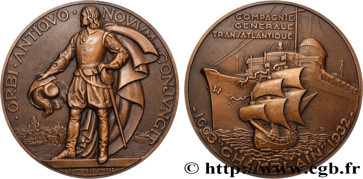 III REPUBLIC Médaille, Paquebot Champlain, Compagnie Générale Transatlantique AU/AU