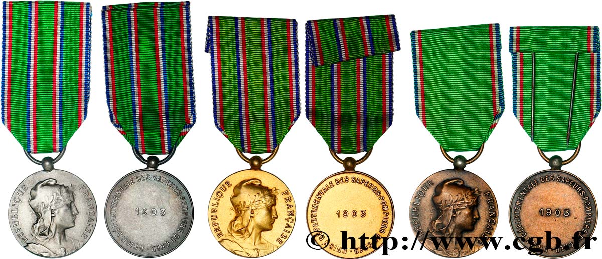 TERZA REPUBBLICA FRANCESE Médaille, Union départementale des sapeurs-pompiers du Cher, lot de 3 exemplaires q.SPL