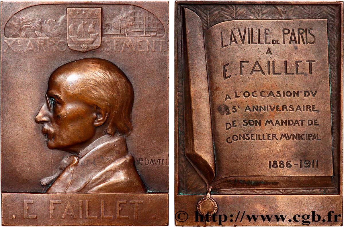 TROISIÈME RÉPUBLIQUE Plaquette, Eugène Faillet, 25e année de mandat de conseiller municipal de Paris TTB