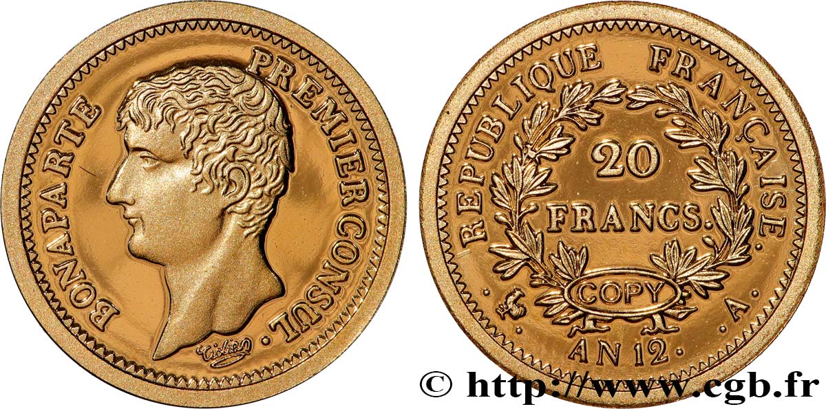 V REPUBLIC Médaille, Reproduction de monnaie, 20 Francs An 12 Premier Consul Proof set