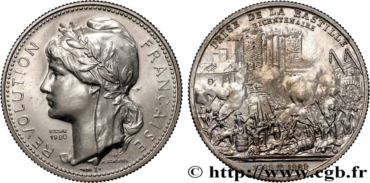 CINQUIÈME RÉPUBLIQUE Médaille, Bicentenaire de la Révolution Française, Prise de la Bastille TTB+