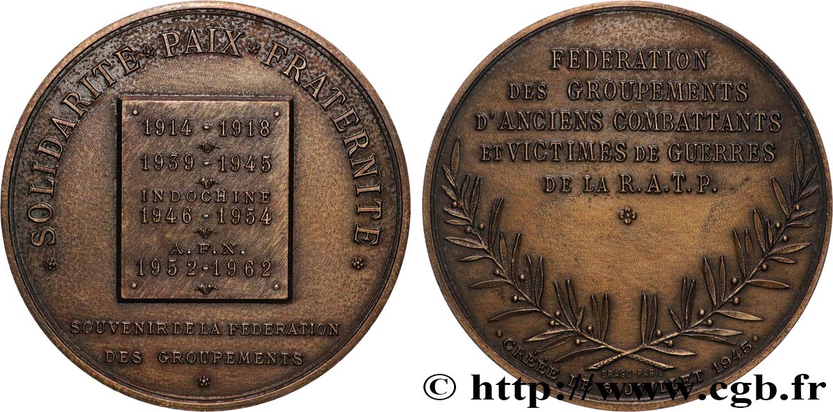 FUNFTE FRANZOSISCHE REPUBLIK Médaille, Fédération des groupements d’anciens combattants de la R.AT.P VZ