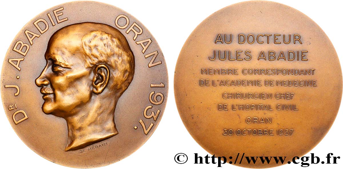 ALGÉRIE - TROISIÈME RÉPUBLIQUE Médaille, Au docteur Jules Abadie q.SPL