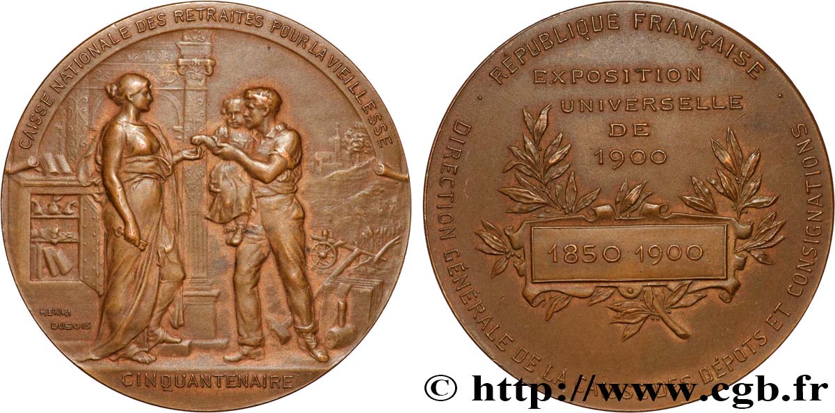 III REPUBLIC Médaille, Exposition Universelle, Cinquantenaire de la Caisse des Retraites AU