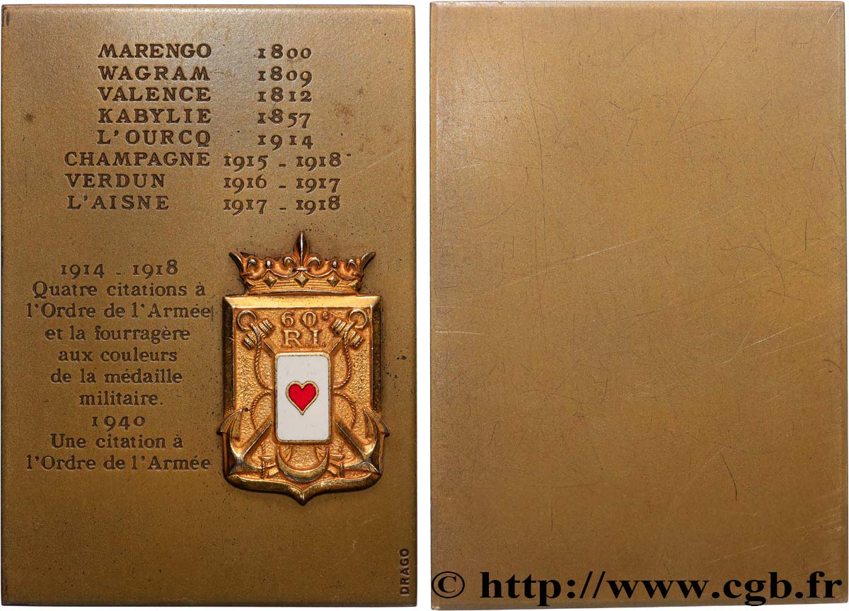 QUINTA REPUBBLICA FRANCESE Plaquette, 60e régiment d’infanterie q.SPL