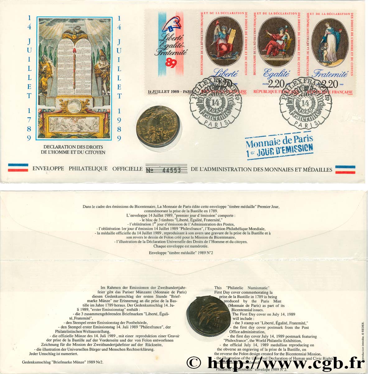 CINQUIÈME RÉPUBLIQUE Enveloppe “Timbre médaille”, Bicentenaire de la Révolution Française SUP+