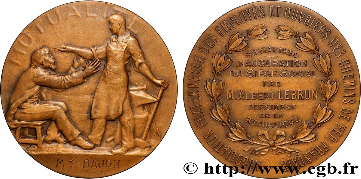 ASSURANCES Médaille, Mutualité, Inauguration du siège social de l’association fraternelle des employés et ouvriers des chemins de fer AU/AU