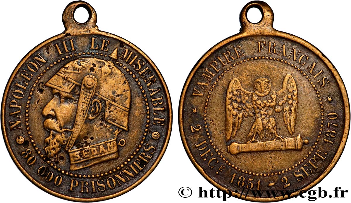 SATIRIQUES - GUERRE DE 1870 ET BATAILLE DE SEDAN Médaille, Napoléon III, Vampire français, type “chouette penchée” TTB