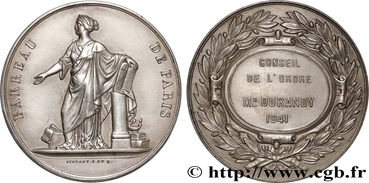 ETAT FRANÇAIS Médaille, Barreau de Paris, Élection au conseil de l’ordre AU