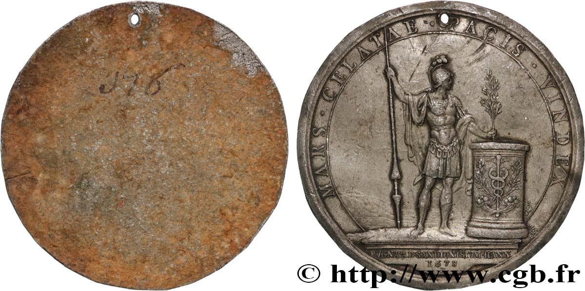 LOUIS XIV  THE SUN KING  Médaille, Combat de Saint Denys près de Mons, tirage uniface du revers VF