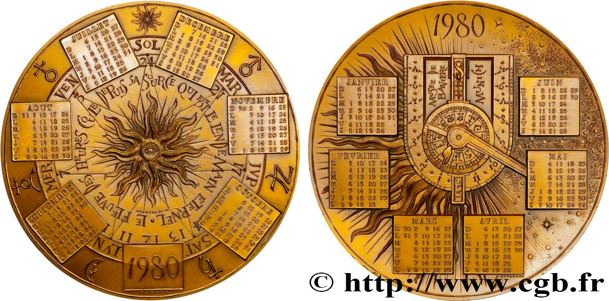 QUINTA REPUBLICA FRANCESA Médaille calendrier, Cadran solaire horizontal EBC