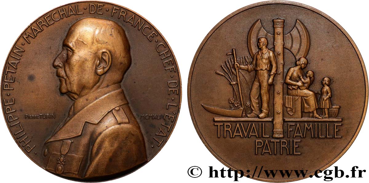 ETAT FRANÇAIS Médaille, Maréchal Pétain, Travail, Famille et Patrie AU