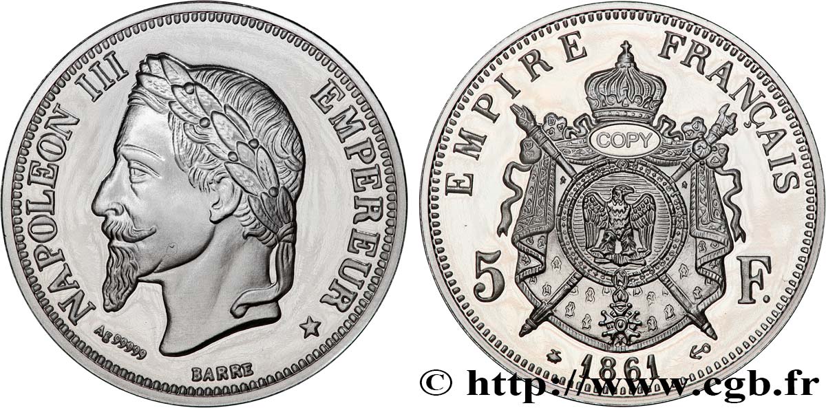 CINQUIÈME RÉPUBLIQUE Médaille, 5 francs Napoléon III, tête laurée, copie SPL