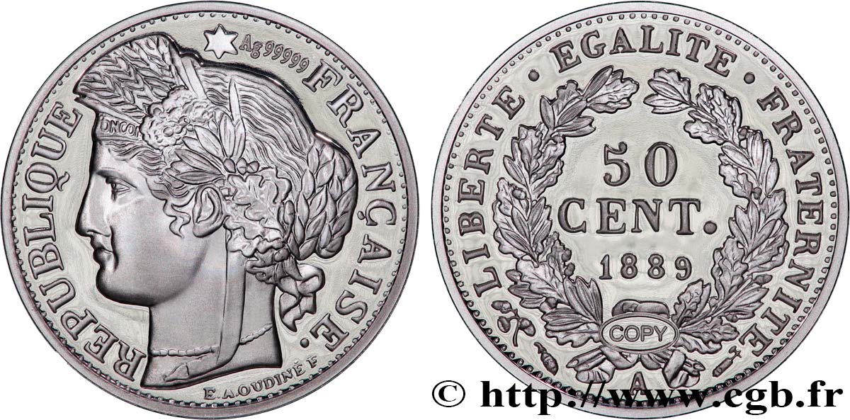 V REPUBLIC Médaille, 50 centimes Cérès, Troisième République, copie MS