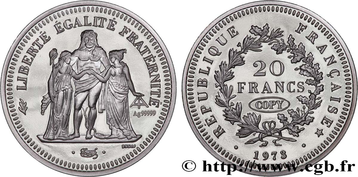 CINQUIÈME RÉPUBLIQUE Médaille, Essai de 20 francs Hercule, copie SPL