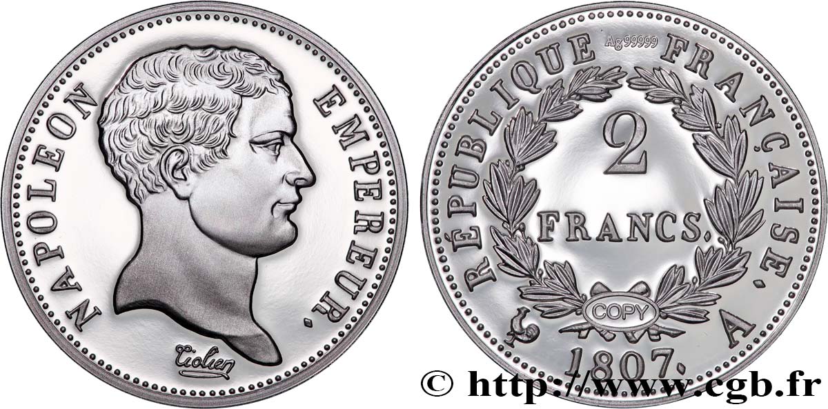 QUINTA REPUBBLICA FRANCESE Médaille, 2 francs Napoléon Empereur, tête de nègre, copie MS