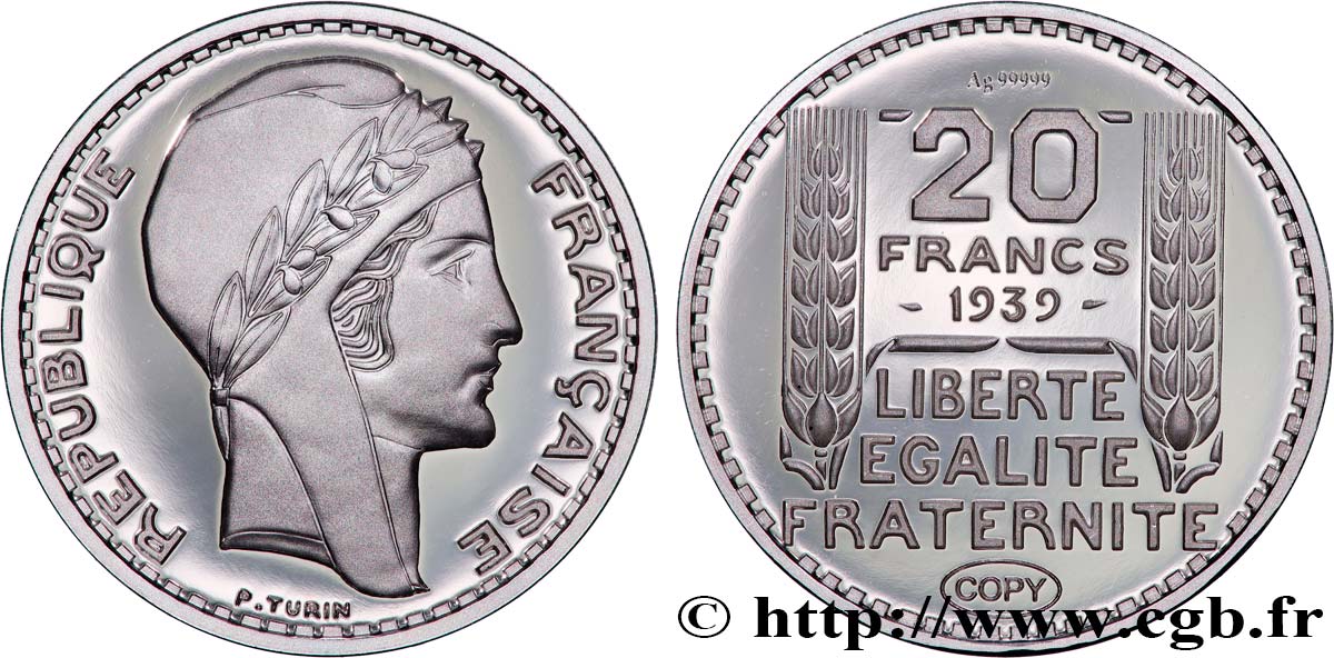 CINQUIÈME RÉPUBLIQUE Médaille, 20 Francs Turin, copie SPL