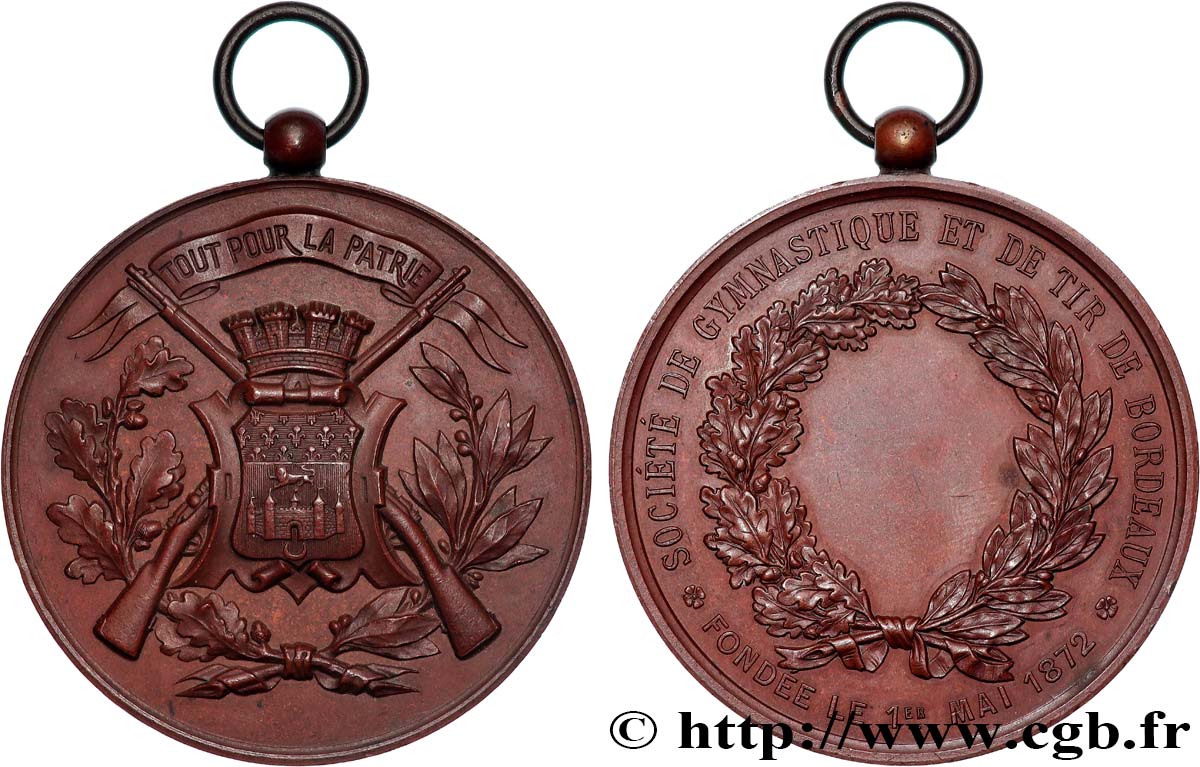 III REPUBLIC Médaille, Société de gymnastique et tir de Bordeaux AU