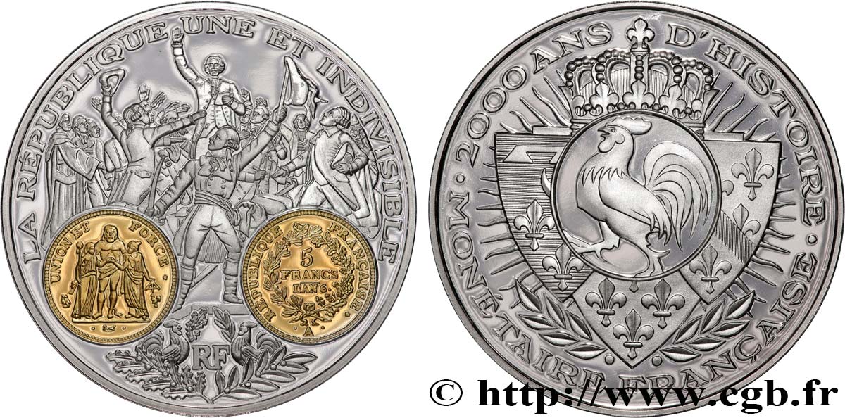 FUNFTE FRANZOSISCHE REPUBLIK Médaille, 2000 ans d’histoire monétaire française, 5 francs Hercules fST