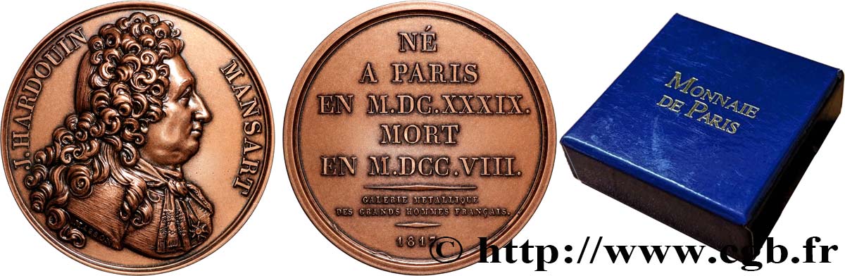 METALLIC GALLERY OF THE GREAT MEN FRENCH Médaille, Jules Hardouin-Mansart, refrappe AU