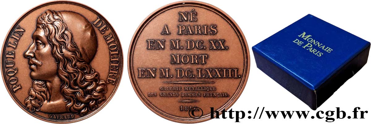 GALERIE MÉTALLIQUE DES GRANDS HOMMES FRANÇAIS Médaille, Poquelin de Molière, refrappe SUP