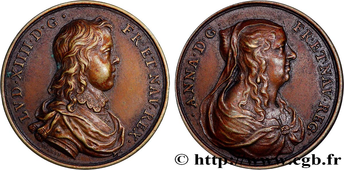 ANNE D AUTRICHE Médaille, Anne d’Autriche et son fils Louis XIV par Warin, refrappe fVZ