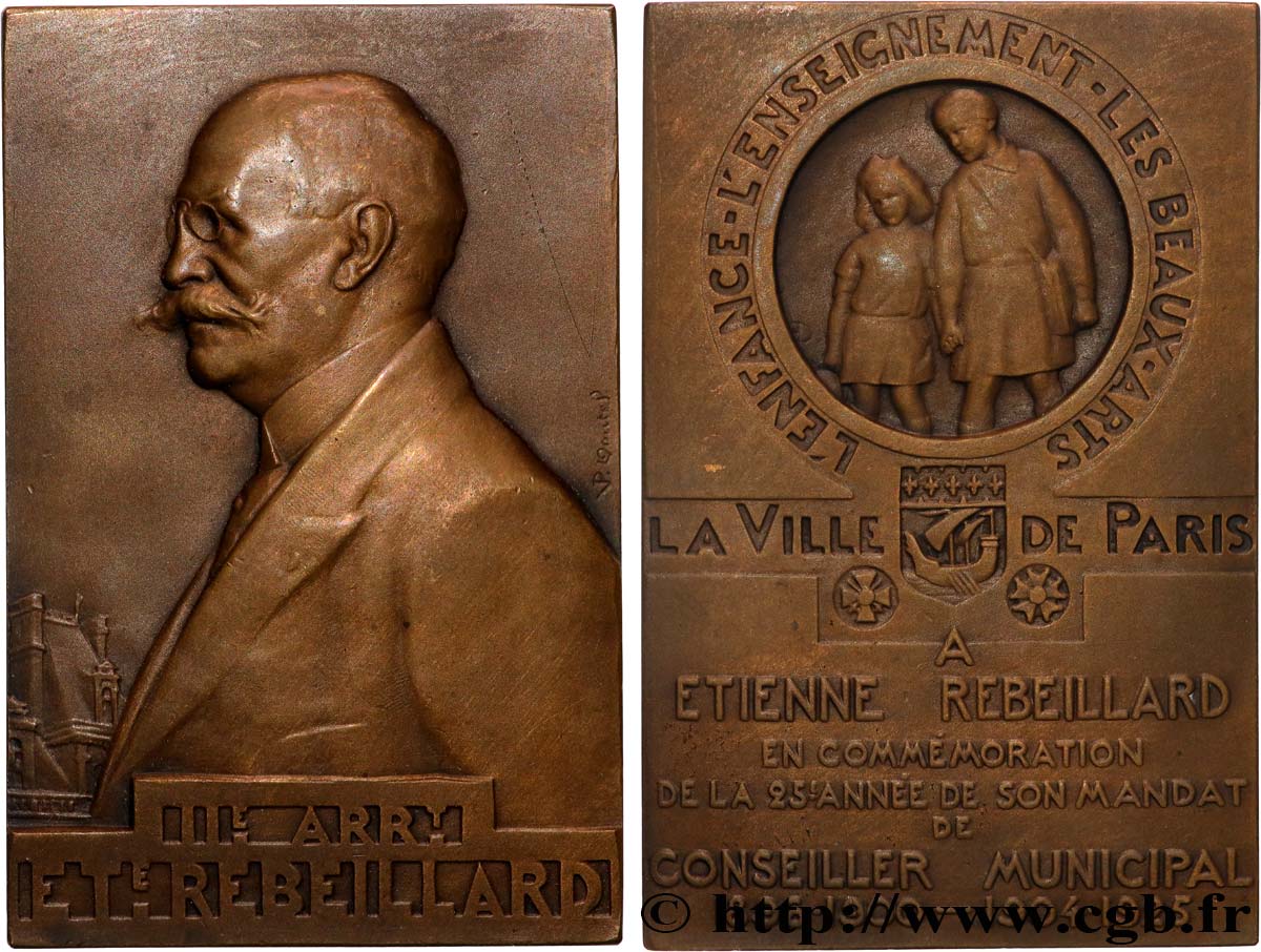 TROISIÈME RÉPUBLIQUE Plaquette, Étienne Rebeillard, 25e année de mandat de conseiller municipal de Paris TTB+