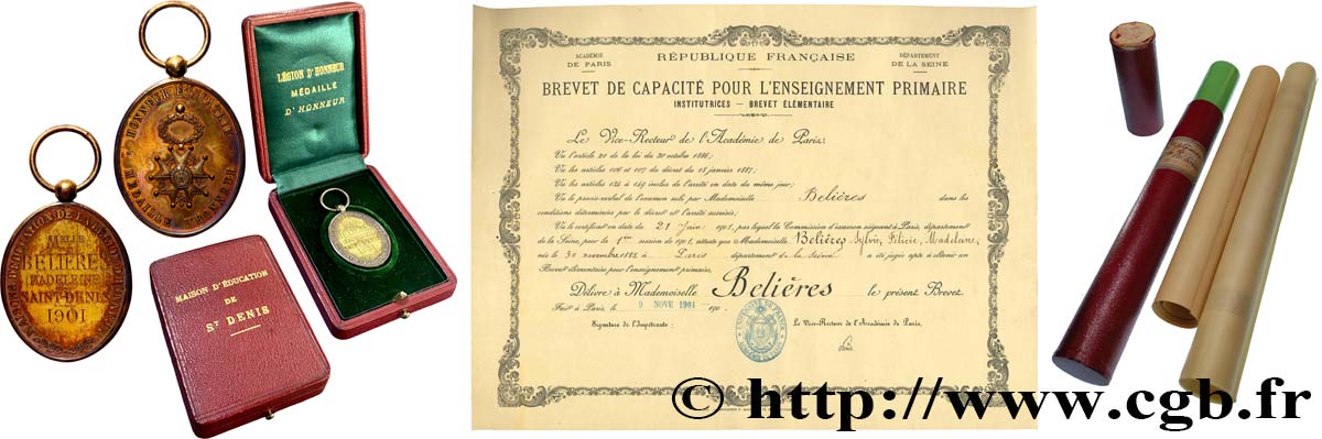 III REPUBLIC Médaille, Maison d’éducation de la Légion d’honneur avec son diplôme AU