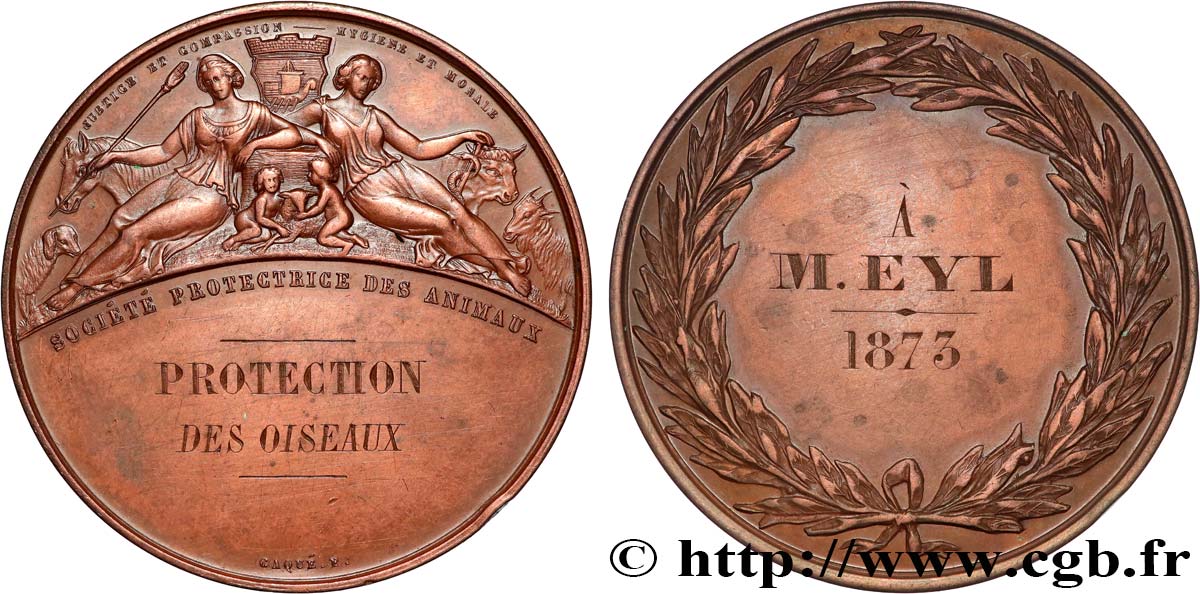 TERCERA REPUBLICA FRANCESA Médaille, Société protectrice des animaux, Protection des oiseaux MBC