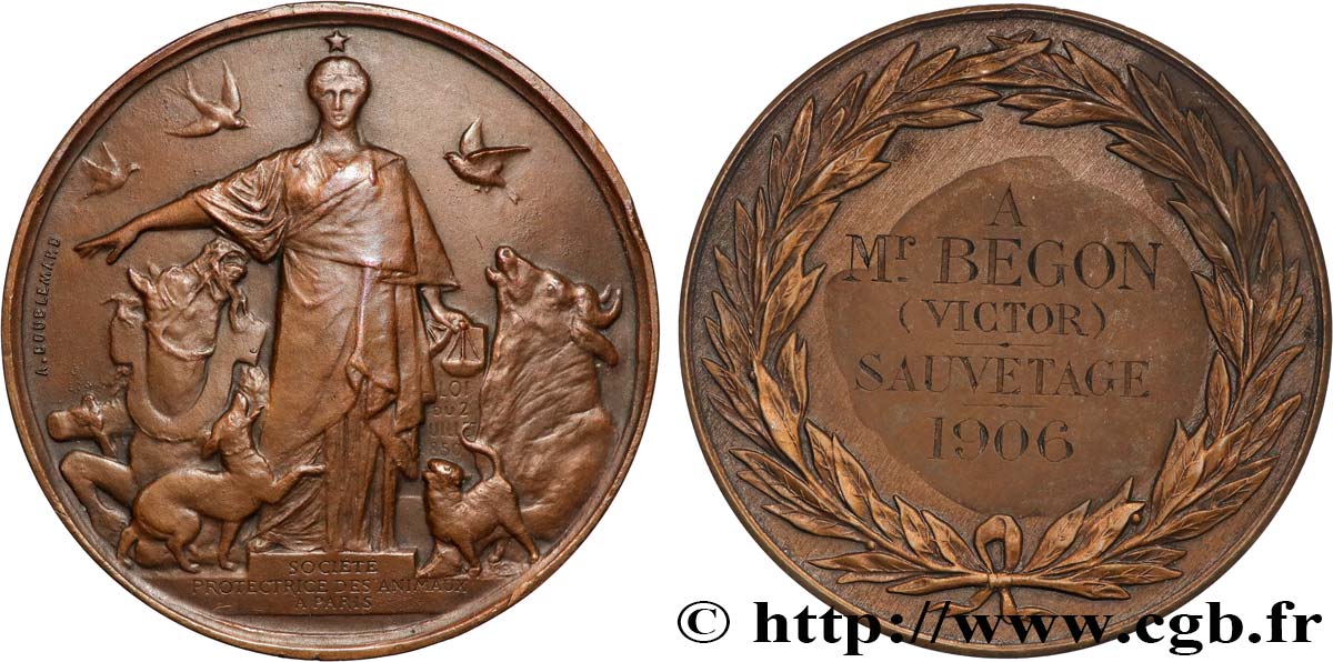 TROISIÈME RÉPUBLIQUE Médaille, Société protectrice des animaux TTB+