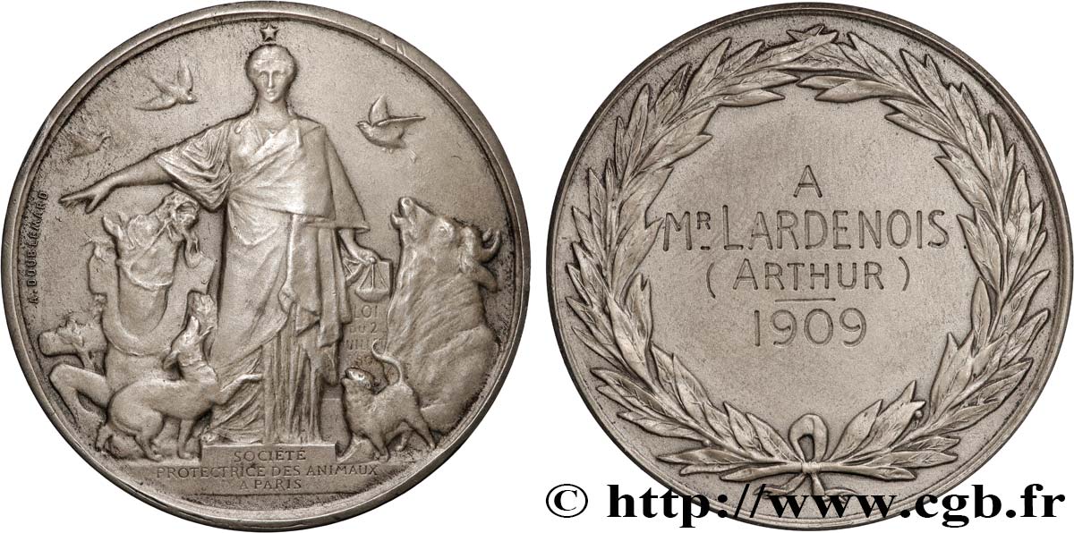 III REPUBLIC Médaille, Société protectrice des animaux AU/AU