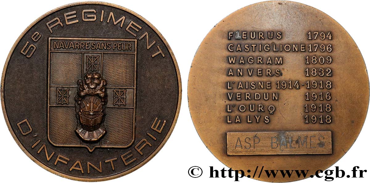 CINQUIÈME RÉPUBLIQUE Médaille, 5e Régiment d’Infanterie SUP/TTB