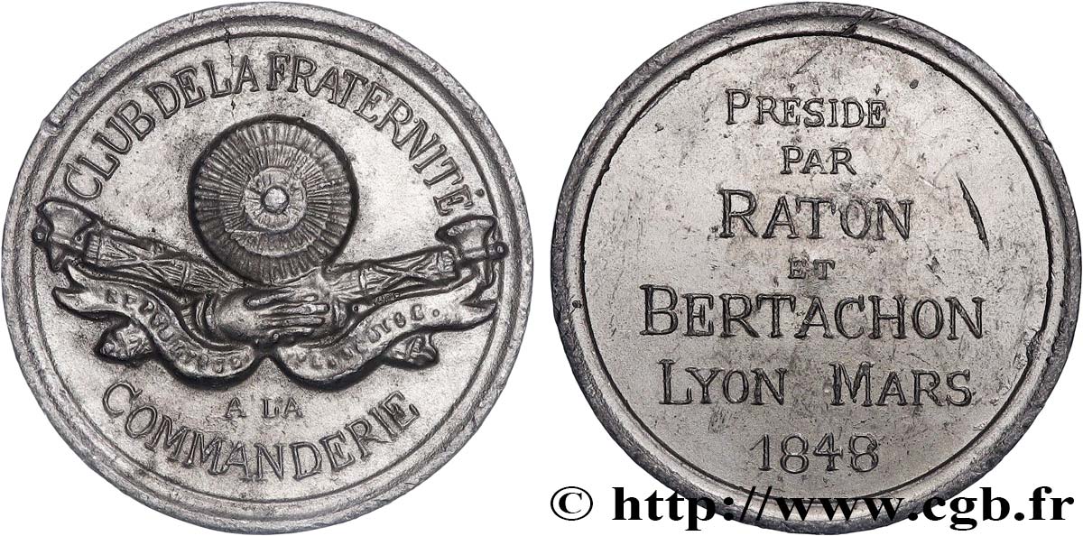 DEUXIÈME RÉPUBLIQUE Médaille, Club de la fraternité TTB/TTB+