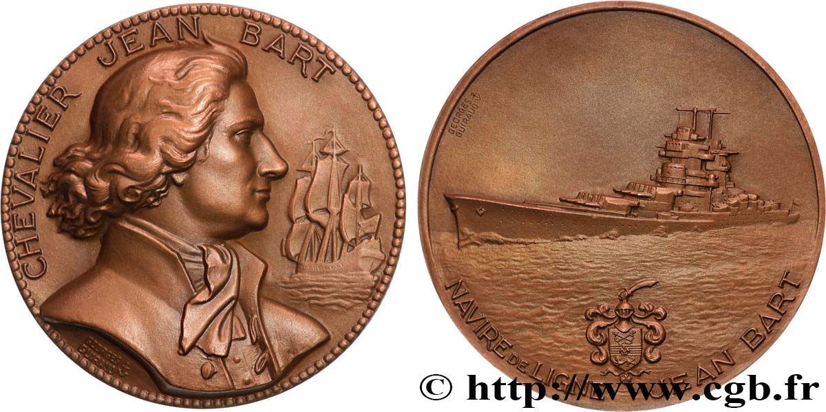 QUINTA REPUBLICA FRANCESA Médaille, Chevalier Jean Bart, Navire de ligne, refrappe EBC