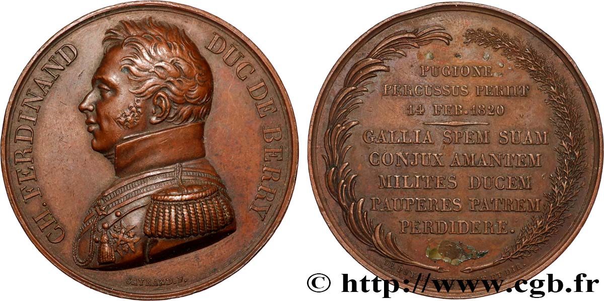 LOUIS XVIII Médaille, Mort de Charles Ferdinand duc de Berry XF