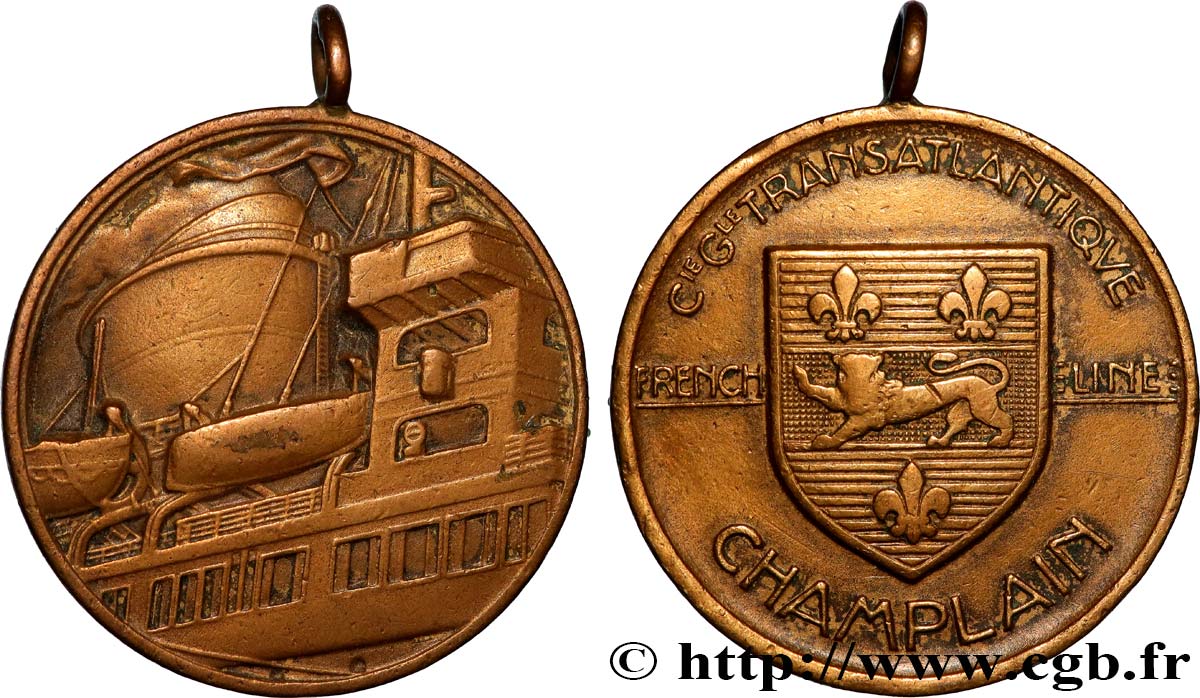 III REPUBLIC Médaille, Paquebot Champlain, Compagnie Générale Transatlantique XF/VF