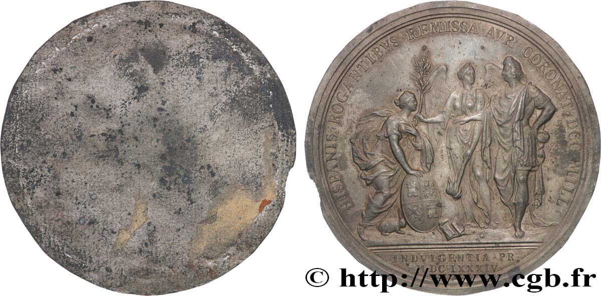 LOUIS XIV  THE SUN KING  Médaille, Remise aux Espagnols des contributions dues, tirage uniface du revers AU