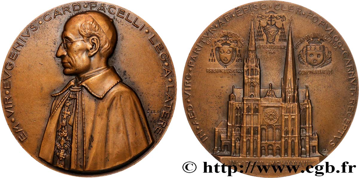 TROISIÈME RÉPUBLIQUE Médaille, Pèlerinage du Cardinal Pacelli (futur Pie XII) à Chartres TTB+