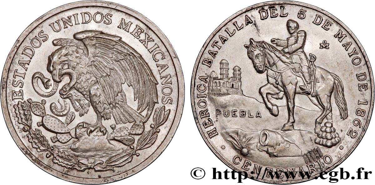 MEXICO Médaille, 100e anniversaire du Cinco de Mayo, Bataille de Puebla MBC+