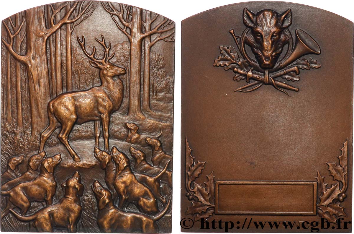 TROISIÈME RÉPUBLIQUE Plaquette, Chasse à courre, Cerf aux abois SUP