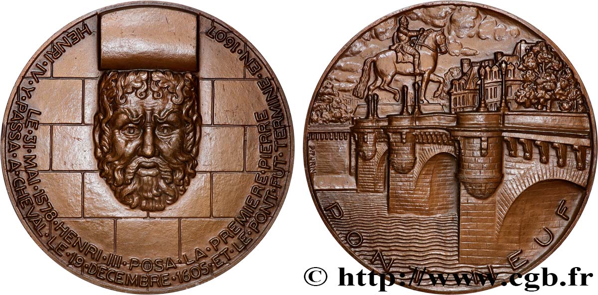 V REPUBLIC Médaille, Le Pont-Neuf et la statue de Henri IV, refrappe AU